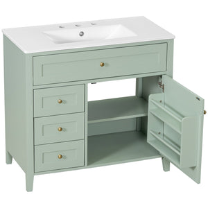 English Elm 36-Inch Green Bathroom Vanity With Sink - Modern Mdf & Rubberwood Freestanding Storage Solution N725P350821F