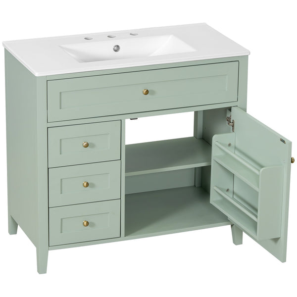 English Elm 36-Inch Green Bathroom Vanity With Sink - Modern Mdf & Rubberwood Freestanding Storage Solution N725P350821F