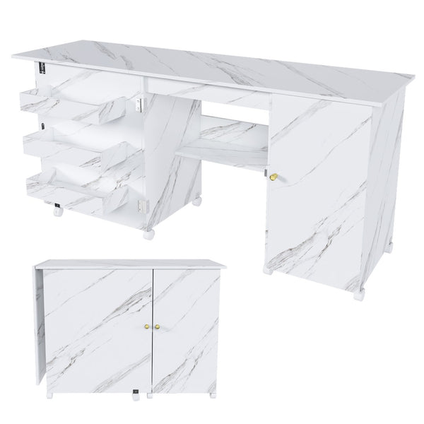 English Elm 57.5" Foldable Craft Station Rolling Sewing Table with Cabinet Bins and Open Shelf W2700P391395