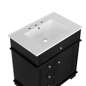 English Elm 30" Freestanding Bathroom Vanity Acacia Wood Matte Black Finish Gold Knobs Ceramic Sink N759P227429B