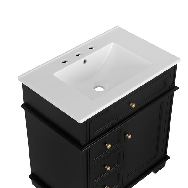 English Elm 30" Freestanding Bathroom Vanity Acacia Wood Matte Black Finish Gold Knobs Ceramic Sink N759P227429B