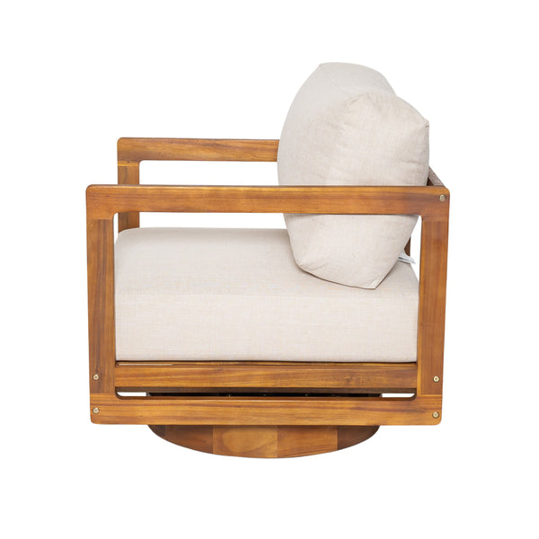 English Elm Christopher Knight Home® - Tanah 360° Outdoor Swivel Lounge Chair in Teak Finish with Plush Beige Cushions — Stylish Patio Comfort N775P361825T