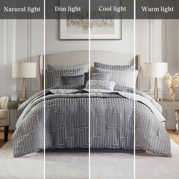 English Elm 10 Luxury Jacquard Queen Comforter Set with Quilt, Bed Skirt & Decorative Pillows for Elegant Bedding Grey 23.62 L x 18.9 W x 14.57 H B035P319213