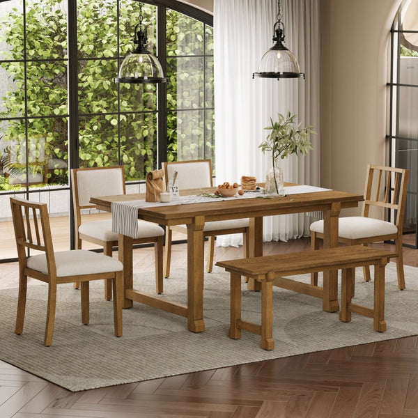 English Elm Trexm Farmhouse Dining Set Seats Six Oak Veneer Table Mixed Chairs Bench Included Beige,Walnut ST000156AAD