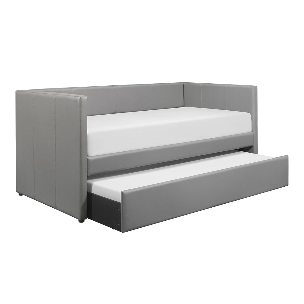 English Elm Gray Faux Leather Daybed with Pull-Out Trundle, Contemporary Upholstered Twin Guest Bed, Sleek Design B011S01506