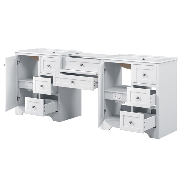 English Elm 84" Double Sink Vanity with Stone Countertop Six Soft Close Drawers and Silver Knobs White N817P404196W