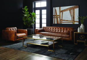 Sunpan DONNIE Sofa - Vintage Tobacco Tan Faux Leather, Mid-Century Modern Design with Cushions & Tufting 102507V