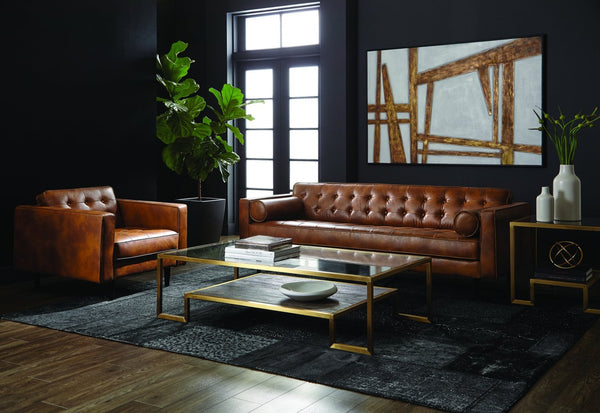 Sunpan DONNIE Sofa - Vintage Tobacco Tan Faux Leather, Mid-Century Modern Design with Cushions & Tufting 102507V