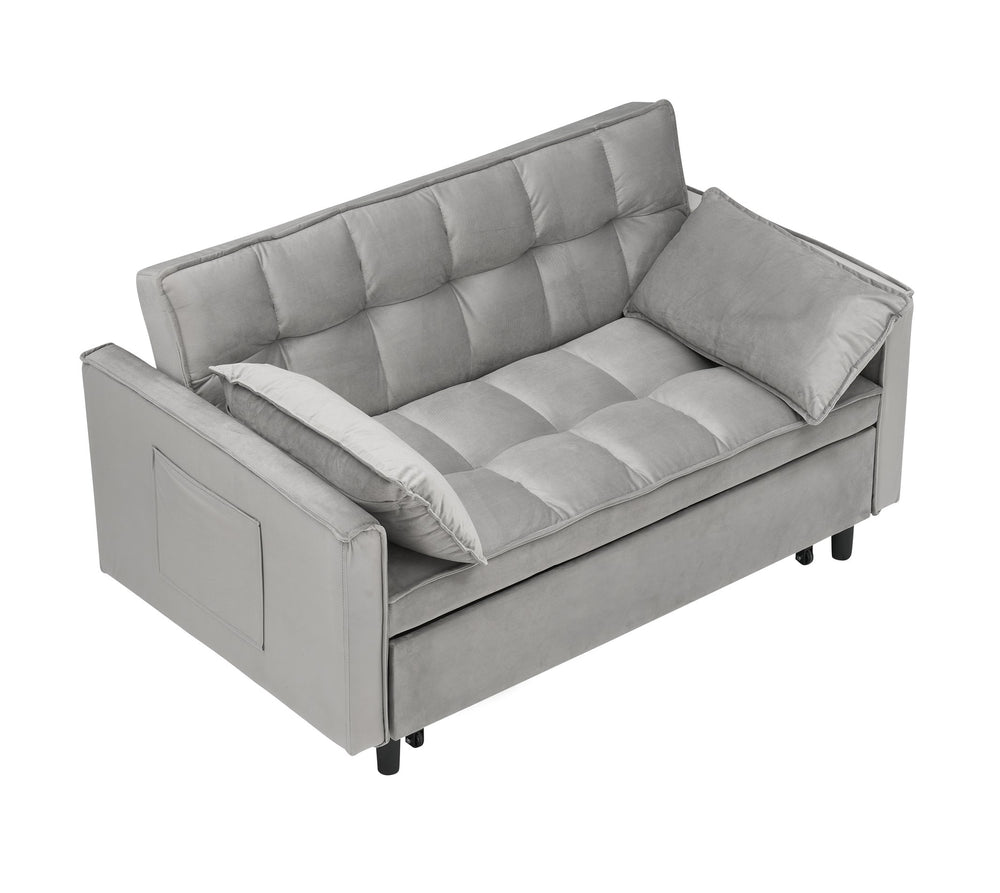 English Elm Modern Velvet Loveseat Futon Sofa Bed 3-in-1 Convertible Small Sleeper Couch with Recline, Pillows, Pockets, Beige Gray W3371P315000