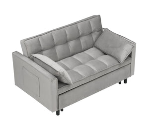 English Elm Modern Velvet Loveseat Futon Sofa Bed 3-in-1 Convertible Small Sleeper Couch with Recline, Pillows, Pockets, Beige Gray W3371P315000