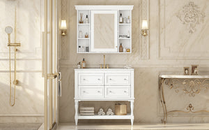 English Elm 36'' Modern Bathroom Vanity with Ceramic Sink and Medicine Cabinet, Solid Wood Frame, 4 Drawers, Waterproof Finish White SW000138AAK-1