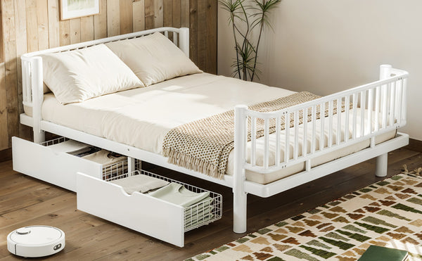 English Elm Full Size Metal Platform Storage Bed Low Profile Steel Frame with Built-in Drawers Light White W5305P471351