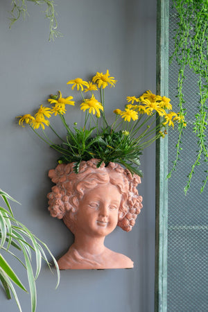 English Elm 8x4x9" Visage Head Bust Planter, Brown — Classical Wall-Mount Vase for Succulents & Flowers, Decorative W2078P201075