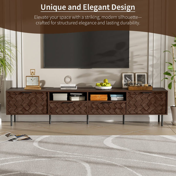 English Elm 78 Inch Walnut Media Console with Slatted Doors Iron Legs and Cable Management N710P373605Q