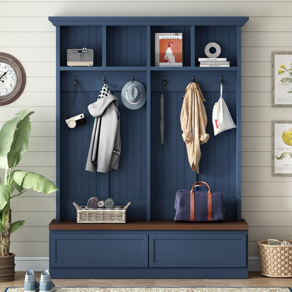 English Elm Rattan Door Hall Tree Bench with 6 Hooks Farmhouse Entryway Storage Blue N721S000076C