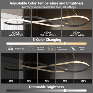 English Elm 39" Modern LED Pendant Light with Infinity Loop Design, Dimmable 3000–6500K, CRI95, 1716lm, Remote Control, Black Adjustable Height Ceiling Fixture W1340P211847