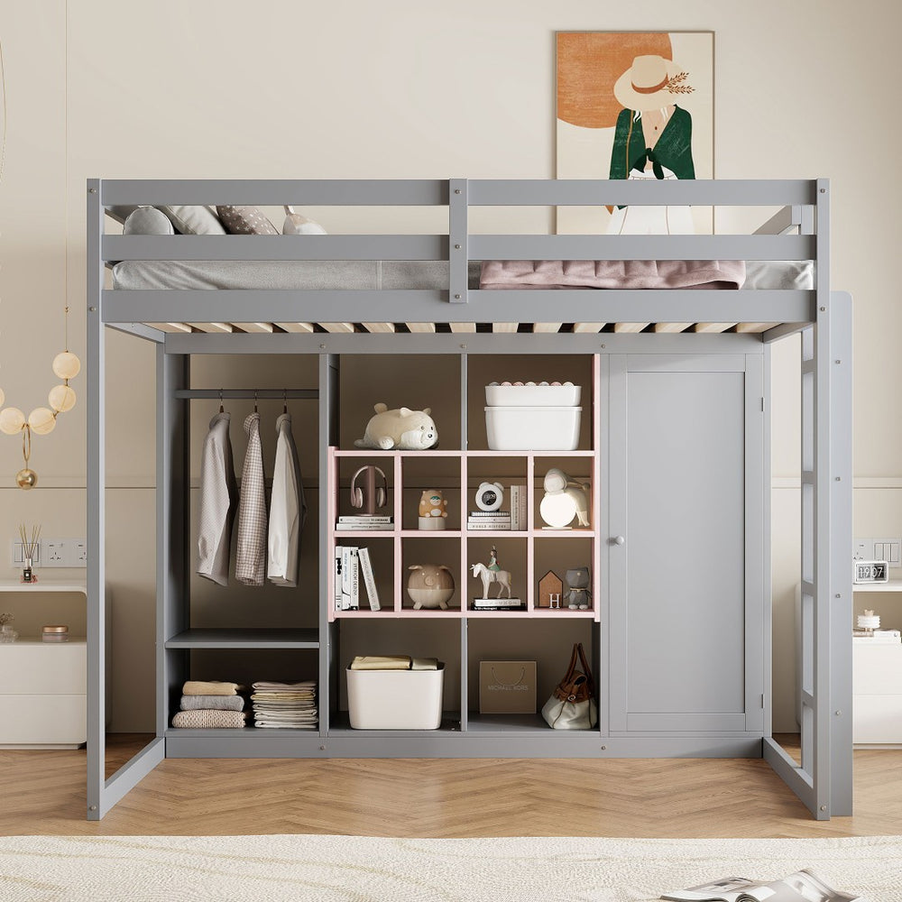 English Elm Twin Loft Bed with Wardrobe Shelves and Cabinet Kids Bedroom Wood Storage Frame Pink+Grey N708S00024E