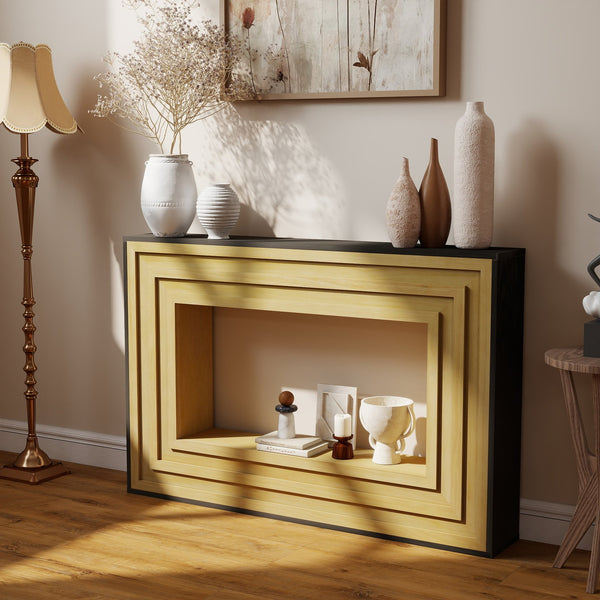 English Elm Modern Layered Console Table with Natural Wood Frame and Matte Black Top — Sleek Entryway Accent, Durable MDF Craftsmanship W3123P369227