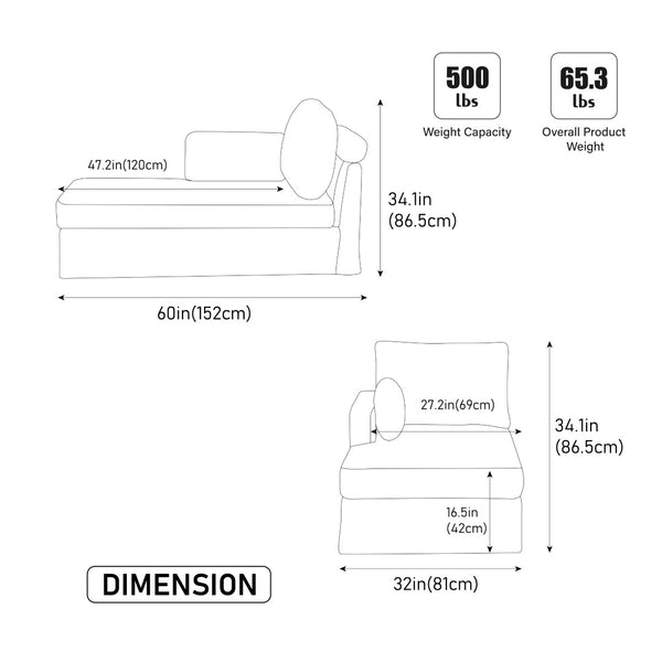 English Elm 31.89" Chenille Modular Sofa Bed with Pocketed Springs and Matte Black Legs for Any Room W3189P365863