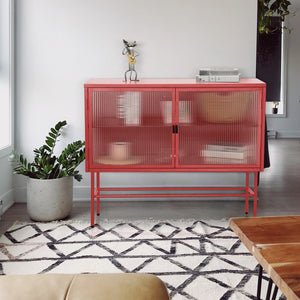 English Elm Red Sideboard Storage Cabinet With Two Fluted Glass Doors Detachable Shelves Bottom Space For Living Room, Office, Dinging Room and Entryway (Old Sku:W68751711)