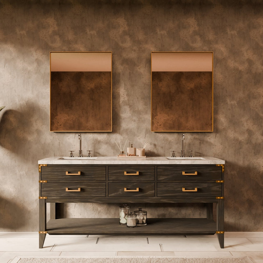 English Elm Black Oak Double Bath Vanity With Carrara Marble Top, Soft-Close Drawers & Matching Mirrors Included B2731S02164