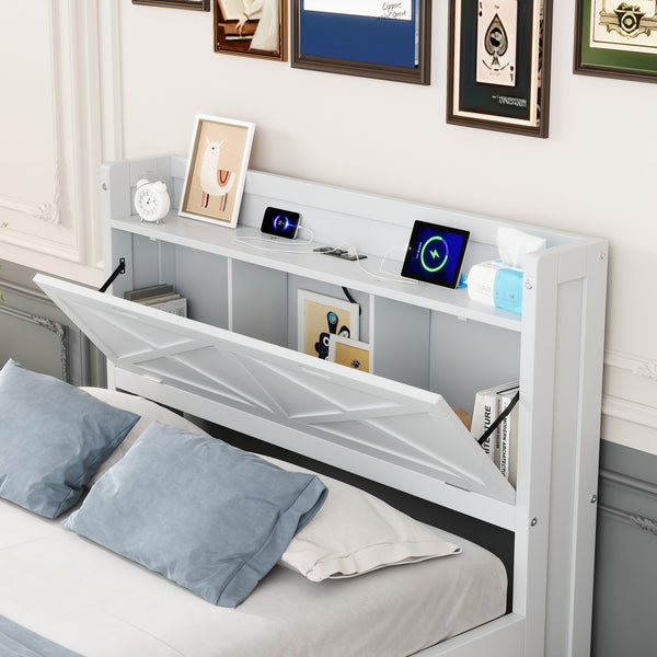 English Elm Twin Storage Bed with Headboard Outlets, Extendable Trundle & 3 Drawers, Durable MDF/Plywood Design White 80.5 L x 17.75 W x 5.25 H N733S172839K