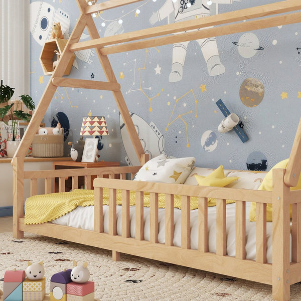 English Elm Twin House Bed with Roof and Guardrails, Low Floor Kids Playhouse Bed with Tent and Lights, Cozy Design Natural 80.91 L x 15.55 W x 6.5 H W2593P296911