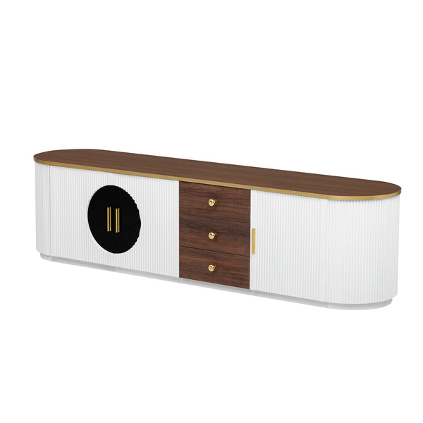 English Elm VIBE Elegant 70.8" Modern TV Stand with Gold Accents, Glass Cabinets, 3 Drawers & Cable Management White SJ000131AAK