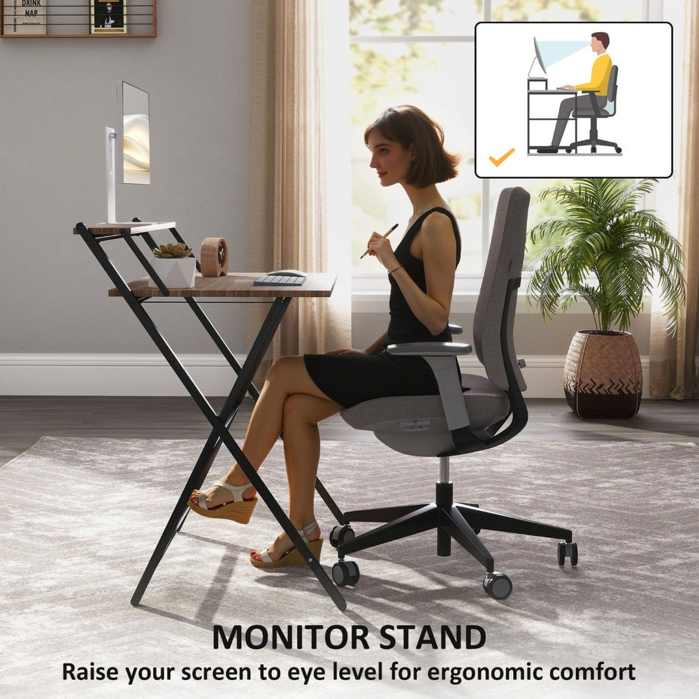 English Elm 32" Foldable Computer Desk with Built-in Monitor Shelf and Steel Frame for Small Spaces T3971P408193