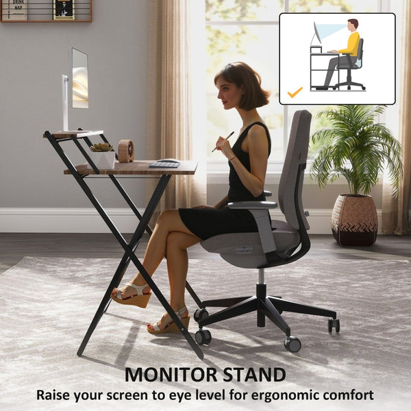 English Elm 32" Foldable Computer Desk with Built-in Monitor Shelf and Steel Frame for Small Spaces T3971P408193