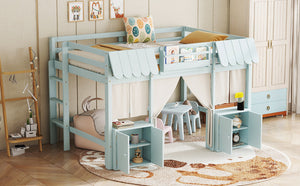 English Elm Full Loft Bed With Playful Cottage Design, Built-In Bookshelf, Curtain & Safety Guardrails For Kids W1580S00360