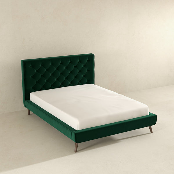 English Elm Ashcroft Furniture - Dillon Dark Green Velvet Platform Bed Queen - Mid-Century Tufted Headboard, Solid Wood Frame, No Box Spring B183S00079