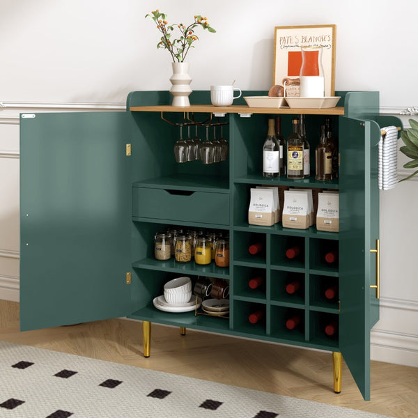 English Elm Modern Fluted Bar Cabinet with Wine Rack Glass Holders Adjustable Shelving and Hidden Drawer Green N728P438606G