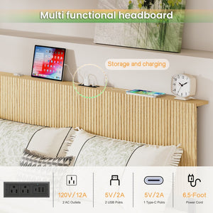 English Elm Oak Queen Floating Bed Walnut Finish Wavy Headboard Led Lighting Built in Charging W1820P407906