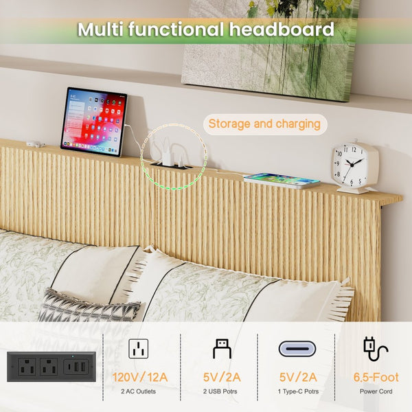 English Elm Oak Queen Floating Bed Walnut Finish Wavy Headboard Led Lighting Built in Charging W1820P407906