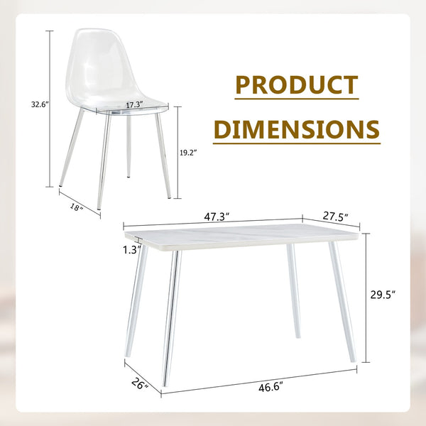 English Elm Table and Chair Set Marble Glass Top Six Ghost Seats Silver Legs Modern Dining W1151S04644