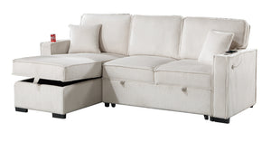 English Elm Convertible Corduroy Sectional Sofa with Reversible Chaise, Hidden Storage, USB Port & Pull-Out Bed Beige 60 L x 30 W x 19 H B011S01244