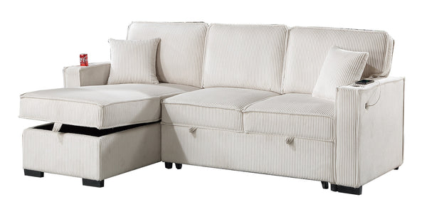 English Elm Convertible Corduroy Sectional Sofa with Reversible Chaise, Hidden Storage, USB Port & Pull-Out Bed Beige 60 L x 30 W x 19 H B011S01244
