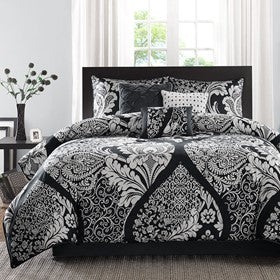 English Elm 7 Piece Cotton Comforter Set - Elegant Black Queen Collection With Damask Design & Luxury Accents B03597261