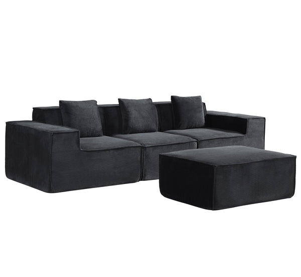 English Elm CozyForm Corduroy Convertible Sectional Sofa with Ottoman and Pillows, Modular L‑Shape Sleeper Comfort Black B2735S00031