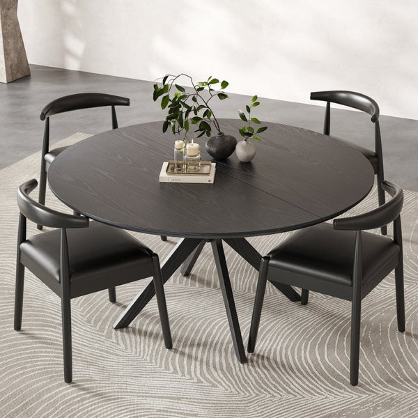 English Elm 47" Round Wood Dining Table Seats Six with Industrial Metal Base for Modern Homes Black T3623P437345