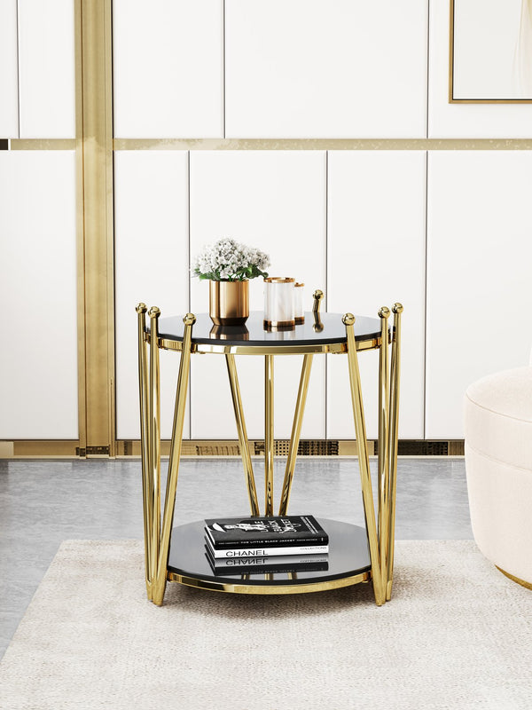 English Elm 19.69inch Gold Round Coffee Table with Crown Frame, 8mm Tempered Glass, Stainless Steel Base, Chic Storage Black W1550P171469