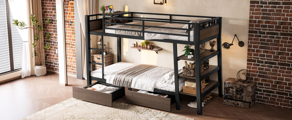 English Elm Full Size Metal Loft Bed with Stair Storage Shelves Bookshelf for Dorms Bedroom W1580S00346