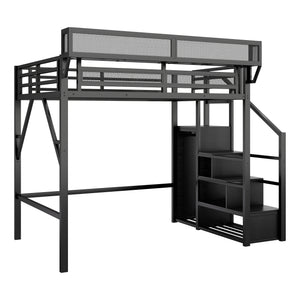 English Elm Full Size Loft Bed With Stairs And Storage Shelves – Stylish Black Metal High Loft Bed For Kids & Teens W2580S00037