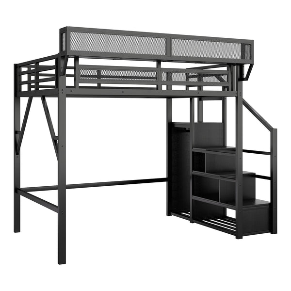 English Elm Full Size Loft Bed With Stairs And Storage Shelves – Stylish Black Metal High Loft Bed For Kids & Teens W2580S00037