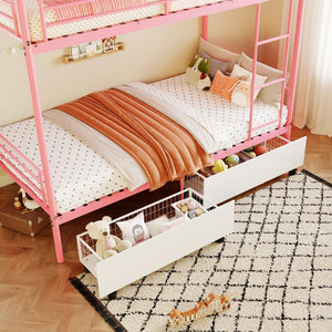 English Elm Bunk Bed Twin Iron Frame with Usb Charging Built in Guardrail and Convertible Design W3752P430826