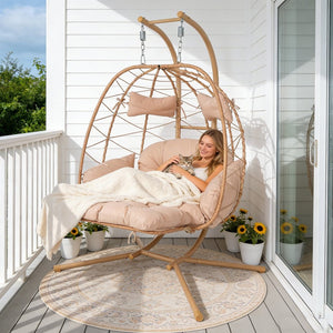 English Elm 2 Person Wicker Hanging Egg Chair with Stand Padded Swing for Patio Garden T5880P500215