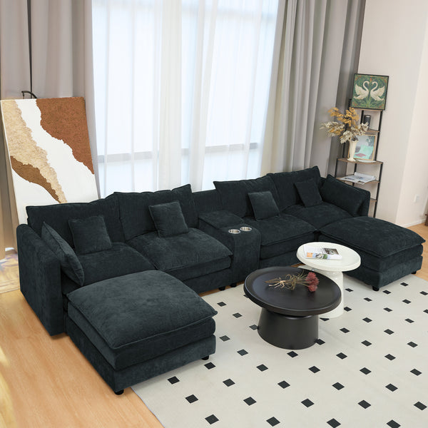 English Elm U Plush Modular Sectional Sofa with Cup Holder Console, Storage, Fluffy Cushions, Sleek Elevated Modern Design Black W3276S00011