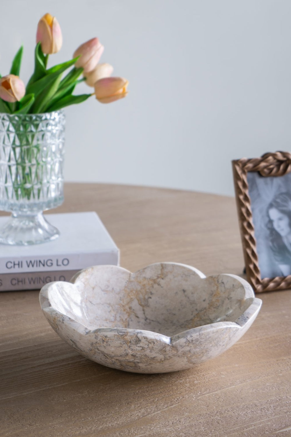 English Elm D10x3" Cream Marble Bowl with Scalloped Silhouette, Subtle Gold Accents, Organic Modern Accent Bowl (15") W2078P359370