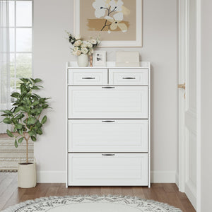 English Elm 1250 White Shoe Cabinet With 3 Drop-Down Doors & 2 Drawers – Stylish, Space-Saving Storage Solution! W1320P236450